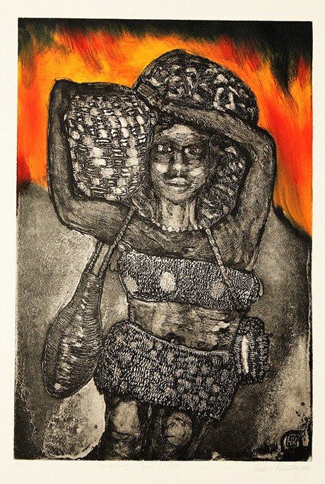 Etching and aquatint
Image size: 49.5 x 34 cm
Paper size: 72 x 50 cm
Printed by Theo Tremblay at No Fixed Press.
PCA Print Commission 2016
The old people still talk about the day the missionaries took away my people, the Kunganyji, from the island of Kabirah, today called Fitzroy Island. Our island was torched, to force my people down to the main beach where they boarded luggers and the mission sloop, which ferried them to the mainland. Turtle Beach was where they were supposed to settle, but this was not their land and soon Yarrabah community was built and most settled there. But it was never peaceful with so many different tribes.
They carried whatever possessions they owned in their handmade baskets. They were like refugees. The government used our island as a quarantine station and later for military training and a naval defense base in world war two. Now the tourists go there to an expensive hotel and swim with the fish and look at the beautiful corals. We still know where the burial sites are and remember the stories of that island.