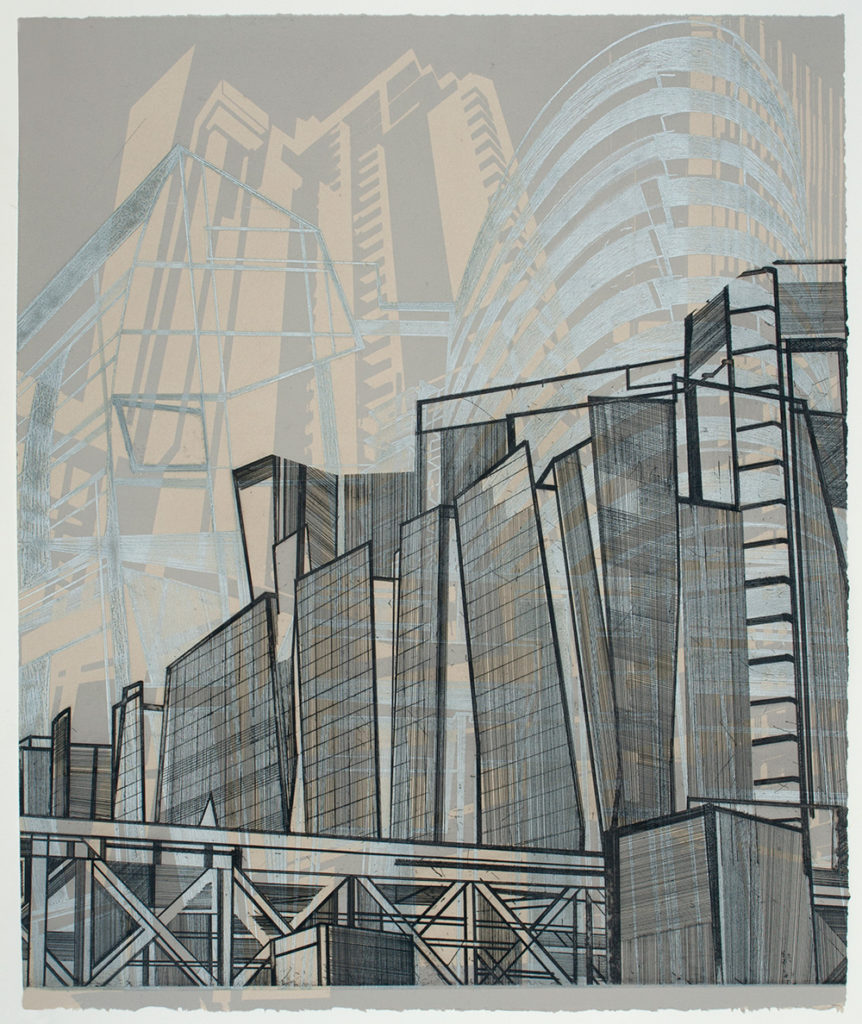 Etching and screenprint
Edition of 40
Image size: 45 x 38 cm
Paper size: 45 x 38 cm
PCA Print Commission 2015
Extensive transparent areas are emphasised in the print Building Type AB to reinforce the relationship between the drawings of the buildings in the work. Reflections, shadows and the continuous changing viewpoints determine the transparency when light hits the surface, which emphasises the spatiality.