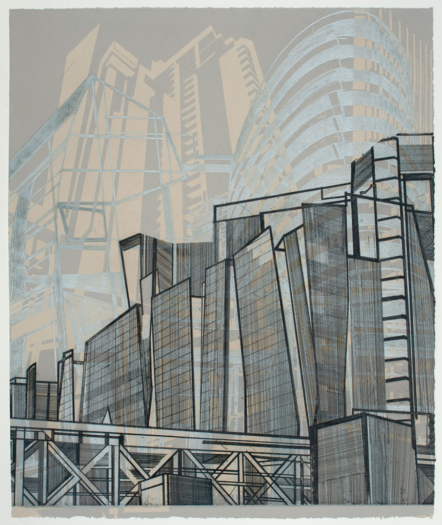 Etching and screenprint
Edition of 40
Image size: 45 x 38 cm
Paper size: 45 x 38 cm
PCA Print Commission 2015
Extensive transparent areas are emphasised in the print Building Type AB to reinforce the relationship between the drawings of the buildings in the work. Reflections, shadows and the continuous changing viewpoints determine the transparency when light hits the surface, which emphasises the spatiality.