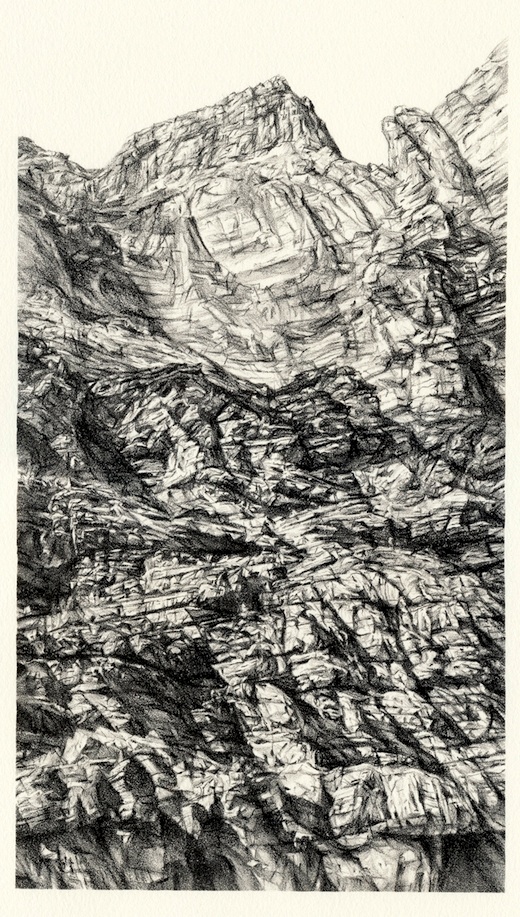 Lithograph
Edition of 47
Plate size: 28 x 15.5 cm
Paper size: 38 x 26 cm
PCA Print Commission 2013
In 2012 I spent nine days exploring the depths of the Grand Canyon, USA. The mighty Colorado River cut my path between the majestic, seemingly insurmountable canyon walls that constantly framed my field of vision and, for a time, defined my world. I was fascinated by the scale and intricacy of these walls as well as the elemental power and dynamism visible in their form.