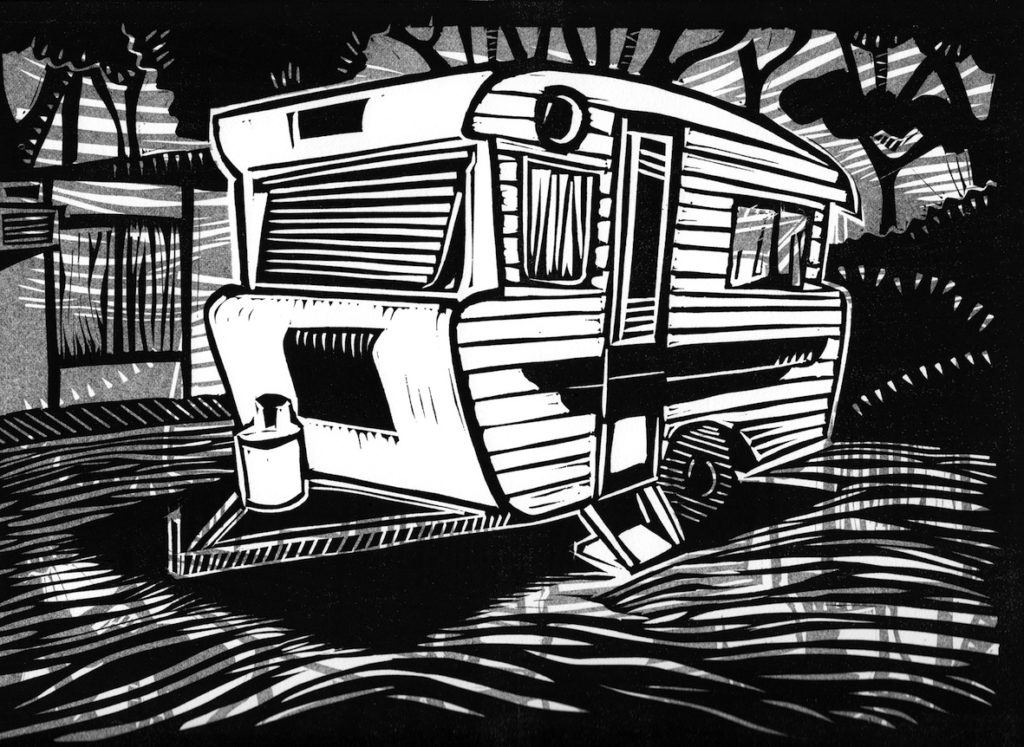Linocut
Edition of 43
Plate size: 22 x 30 cm
Paper size: 38 x 57.5 cm
PCA Print Commission 2013
The humble caravan is a recurring theme in my work. I see them as a nod to less complicated times when simple pleasures were enough. The idea of a little self-contained home on wheels, customised to the owner's whims, gives each a unique personality. They are all about the romance of the road, disappearing caravan parks, the travelling circus, ponies and gypsies.