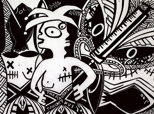 linocut on Kozo
Edition of 33
Image size: 30 x 40 cm
Paper size: 43 x 63 cm
PCA Print Commission 2012
Takatapui. Transgender. Physical Transition. Being between cultures and decisions. The integration of self and culture. The negotiation and navigation required to live in more than one world. I describe this as feeling like a Patiki/flounder. I feel like I have been struck in the head. This is how the Patiki/flounder gained its physical appearance. It was struck in the head.