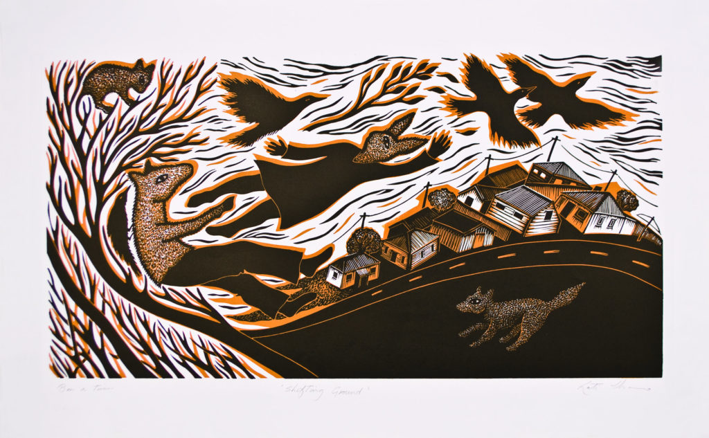 Linocut
Edition of 35
Image size: 35.5 x 68 cm
Paper size: 40 x 76 cm
Printed by the artist
PCA Print Commission 2009
This work is about movement and change. All is in flux as the earth slowly tilts, and we are swept along in the current.
