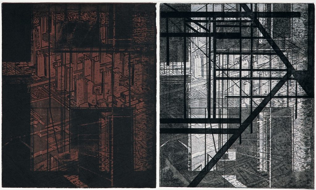 Etching, aquatint, photo-etching
Edition of 40
Image size: 30 x 25 cm x 2
Paper size: 30 x 25 cm x 2
PCA Print Commission 2003
Euclid's elements show how to construct infinitely varied geometric compositions from points straight lines and arcs of circles. This diptych is based on spaces constructed using Euclid's Rule with emphasis on architectural forms and the polemics of space. Four copper plates have been used in an attempt to suggest that the layers beneath each determine a specific experience of a space: a kind of chaos and order emerges in its completion.