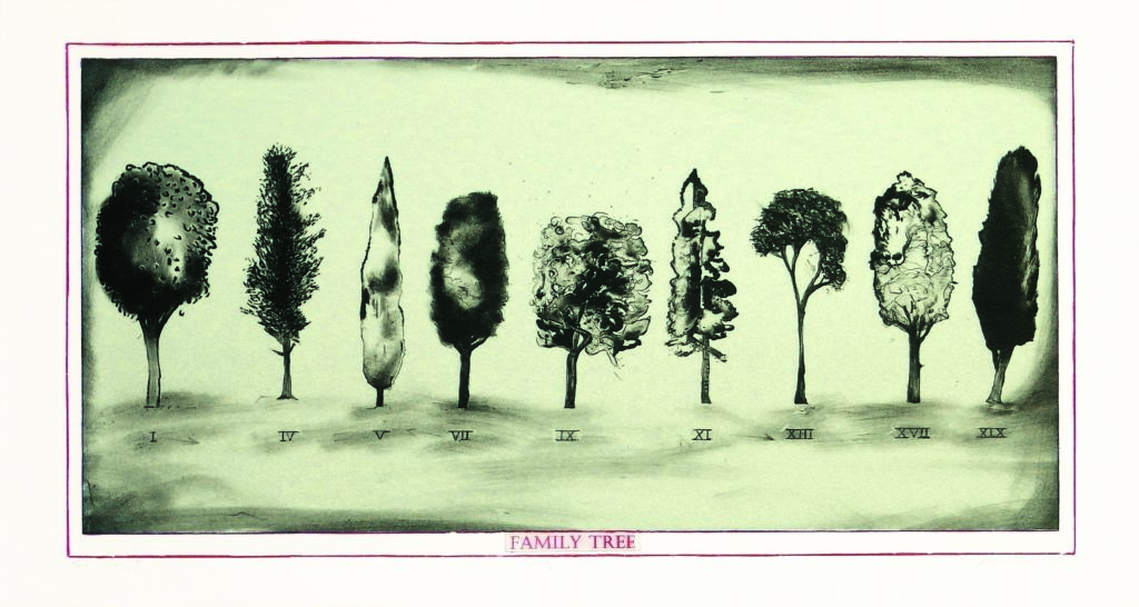 Lithograph
Edition of 35
Image size: 34 x 64 cm
Paper size: 40 x 76 cm
Printed by Peter Lancaster - Lancaster Press, Melbourne
PCA Print Commission 2011
As a constant observer of the natural world, I am constantly observing and drawing trees. While I never intend to anthropomorphise objects in nature, I often see trees as having strong 'characters'. As I was looking through my journal recently I noticed a page where I had drawn a group of trees standing in a line. This immediately gave me the idea for my lithograph Family Tree.