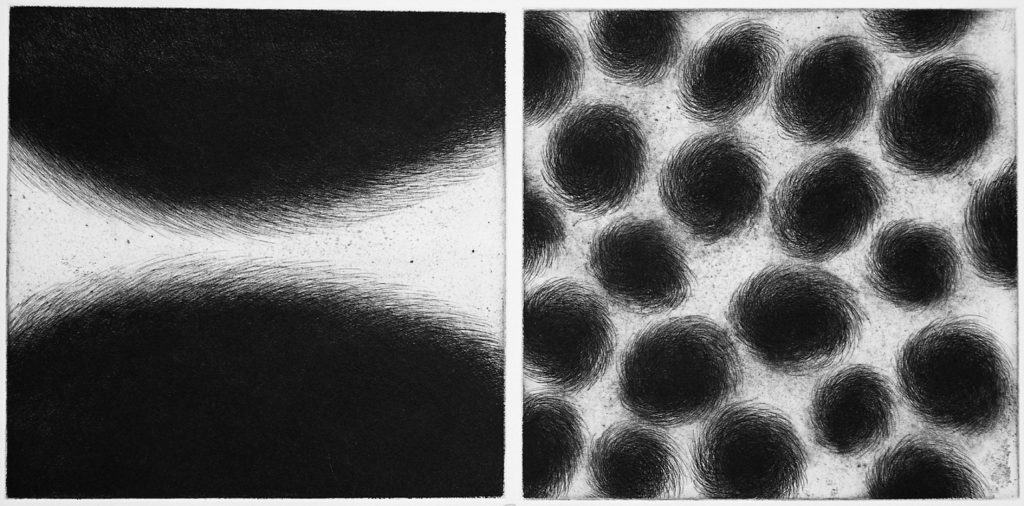Etching
Edition of 40
Image size: 29.5 x 60.5 cm
Paper size: 57 x 76 cm
PCA Print Commission 2003
The symbolic representation of opposites and their interaction is a recurrent theme of my artistic practice. The work explores the interdependence of nature/culture, dark/light, microcosm/macrocosm, seduction and repulsion. Pulse is a series of work that explores the relationships between forms and their points of intersection or collision, Pattern and repetition create the visual tension, Tiny hair-like filaments search for the possibility of contact. These hairy peripheries emanate from a dense mass of replicating pattern, which is eventually defined by form.