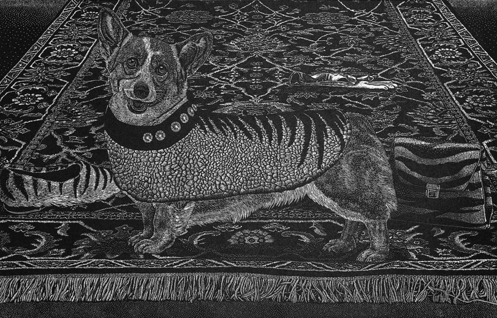 Linocut
Edition of 40
Image size: 35.5 x 55.5 cm
Paper size: 56.5 x 76.5 cm
PCA Print Commission 2003
This faithful canine servant awaits his next command from an absent monarch. Like William Lanney, the last Tasmanian Aborigine, he has been given the grand title of king. This loyal corgi is surrounded by royal accessories - covered with the pelts from the colonial tiger - the thylacine. He wears a regal woolly coat which refers to the colonisation of the thylacine's habitat by the sheep industry. The discarded glove represents the cultural defeat of the indigenous inhabitants.