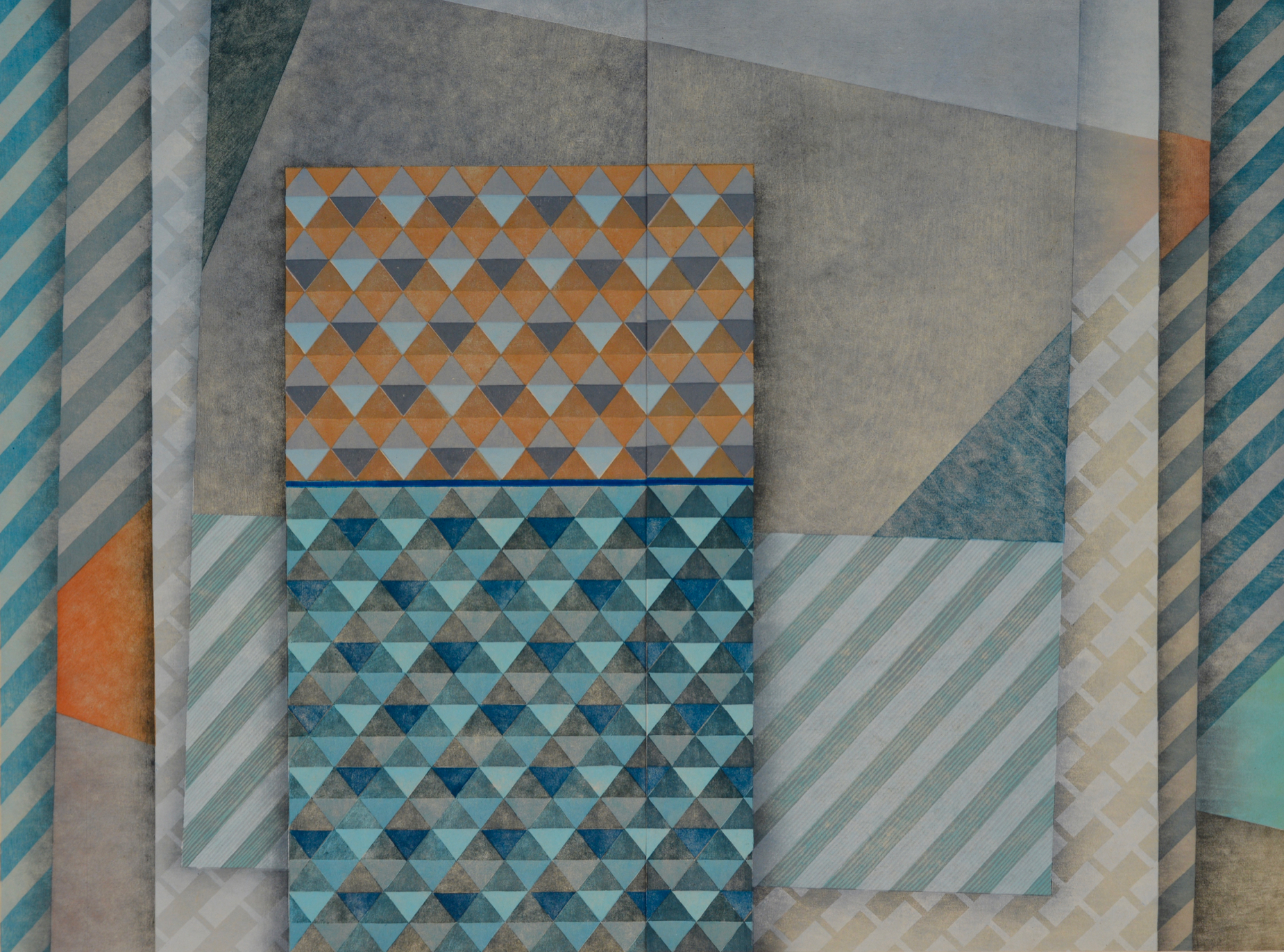 Roslyn Kean , Weaving Ancestral Voices II, Multi Block Woodcut, Image 91cm x 112cm Framed size 110cm Hx 128cm W x 6cm D