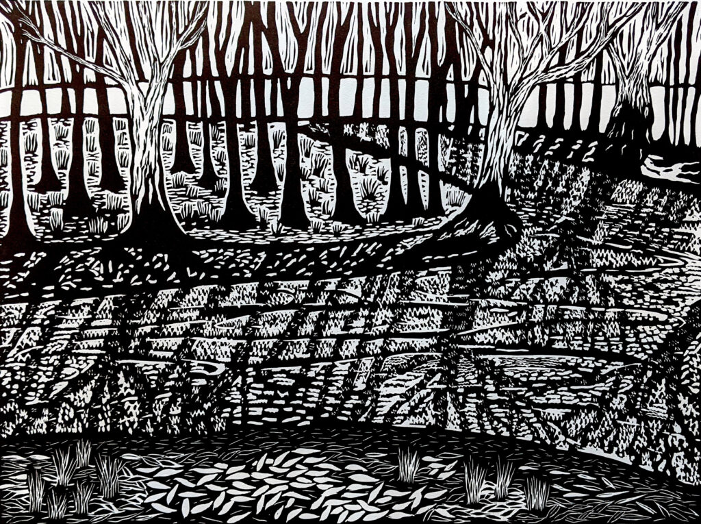 Mullinmur Billabong
Linocut
Edition size: 30
Image size: 42 x 56 cm
Paper Size: 56 x 76 cm
Mullinmur Billabong is inspired by my solitary walks along the Torryong River (Ovens) in Wangaratta during Covid 19 lockdown and the discovery of this regenerated wetland that sits hidden so close to suburbia. The ancient red gums reflected in the water providing solace and a sense of hope.