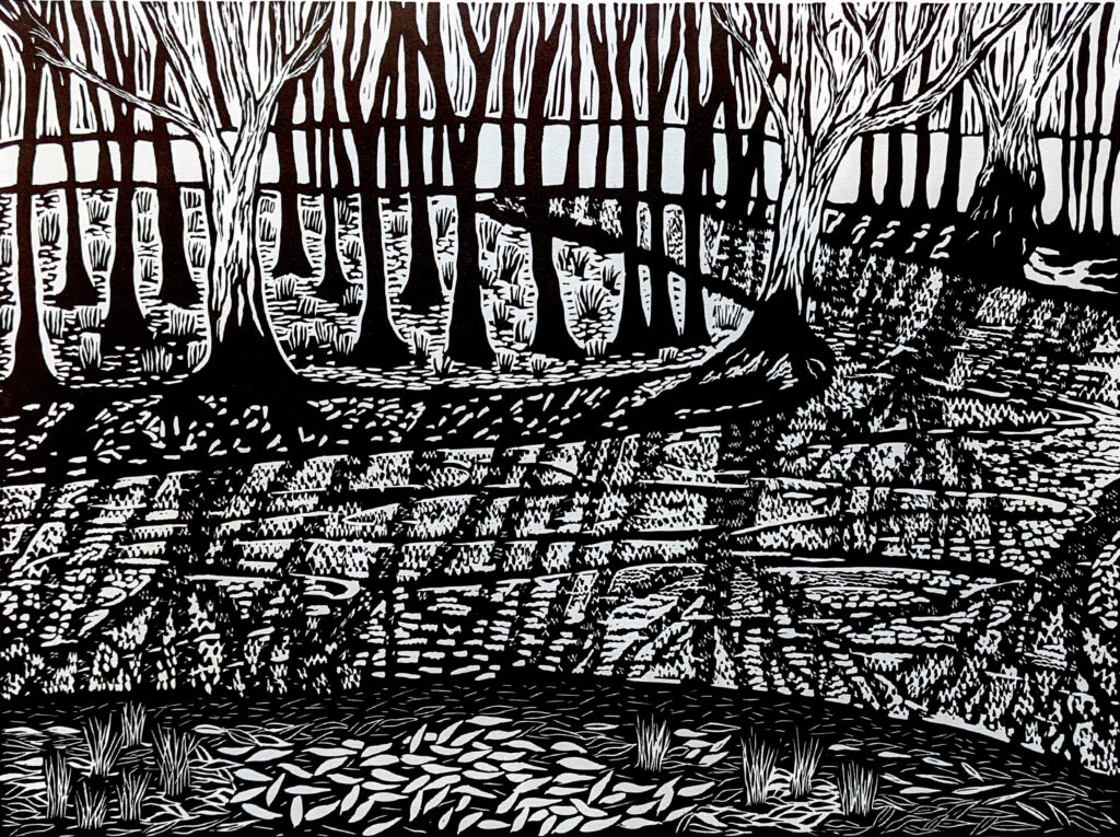 Mullinmur Billabong
Linocut
Edition size: 30
Image size: 42 x 56 cm
Paper Size: 56 x 76 cm
Mullinmur Billabong is inspired by my solitary walks along the Torryong River (Ovens) in Wangaratta during Covid 19 lockdown and the discovery of this regenerated wetland that sits hidden so close to suburbia. The ancient red gums reflected in the water providing solace and a sense of hope.