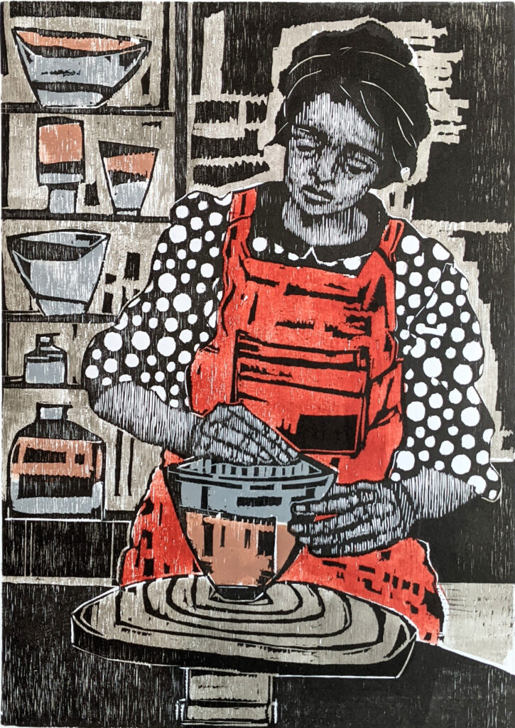 The Pleasure of Making
Multiple block woodcut
Edition size: 30
Image size: 55 x 39 cm
Paper size: 76 x 56 cm
This time of uncertainty and change in the world and in our everyday lives has highlighted for me the infinite and intimate pleasure of making. As one example, I chose the figure of the ceramicist working in its studio.