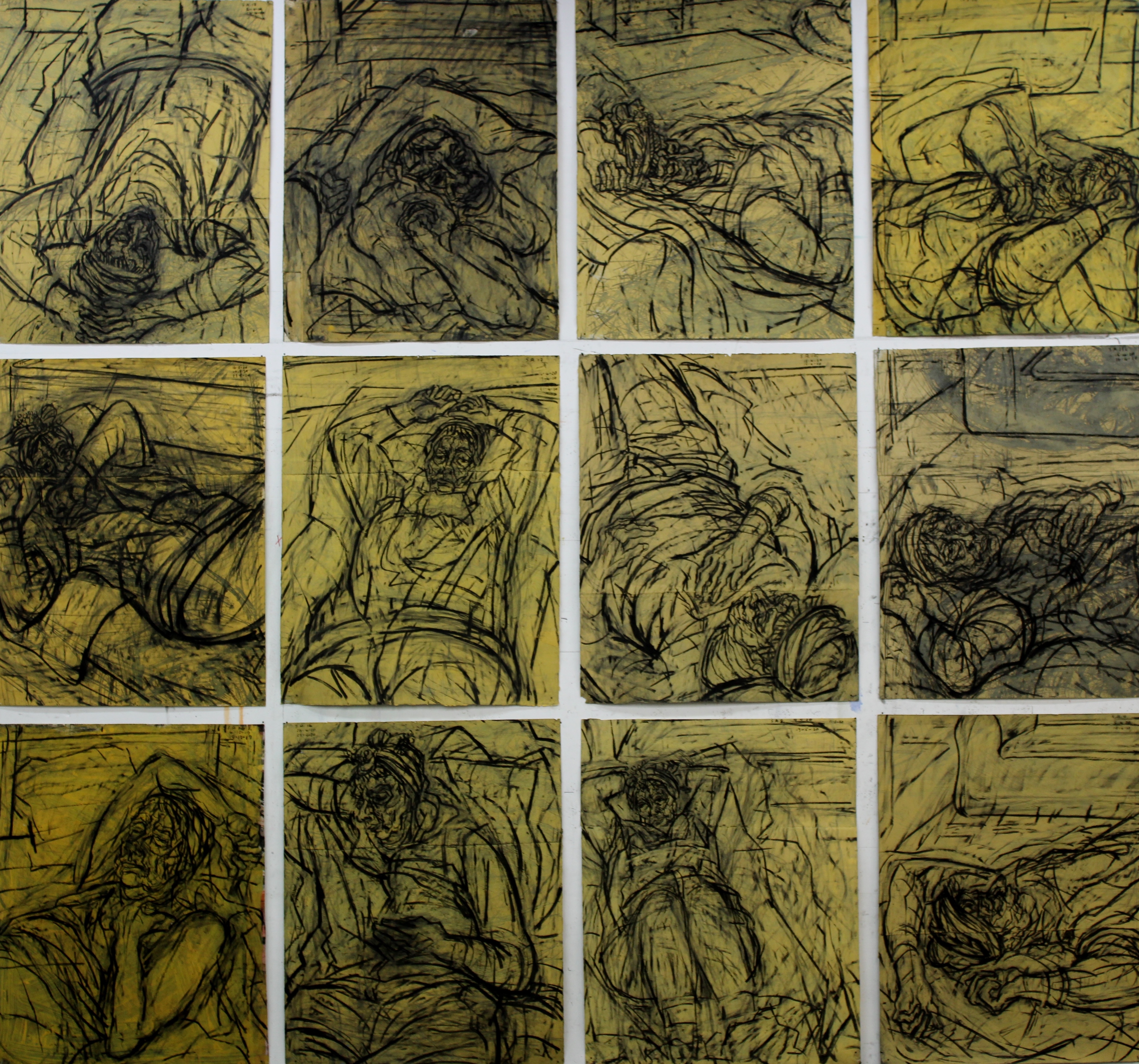 Fairbairn_David_ Intimacy_ S.A.No's 1-12_Acrylic gouache & charcoal over copper etching_each 76x60cm _234 x254cms_overall_2020