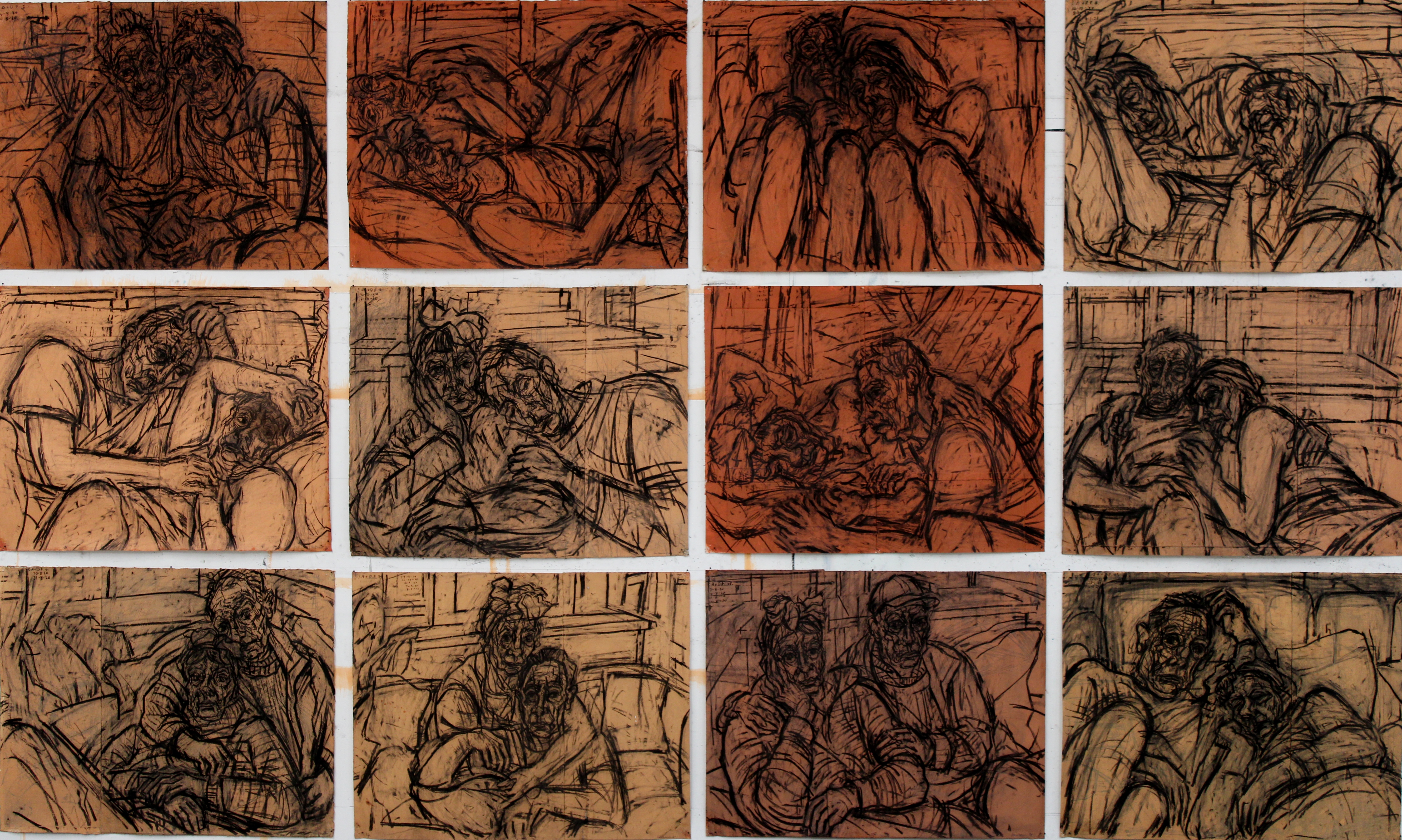 Fairbairn_david_ Double Lives _S.A & D.F No's 5-16_acrylic gouache & willow charcoal over drypoint etching _each 60x76cms_188x310cm overall_2020-21 IMG_0511