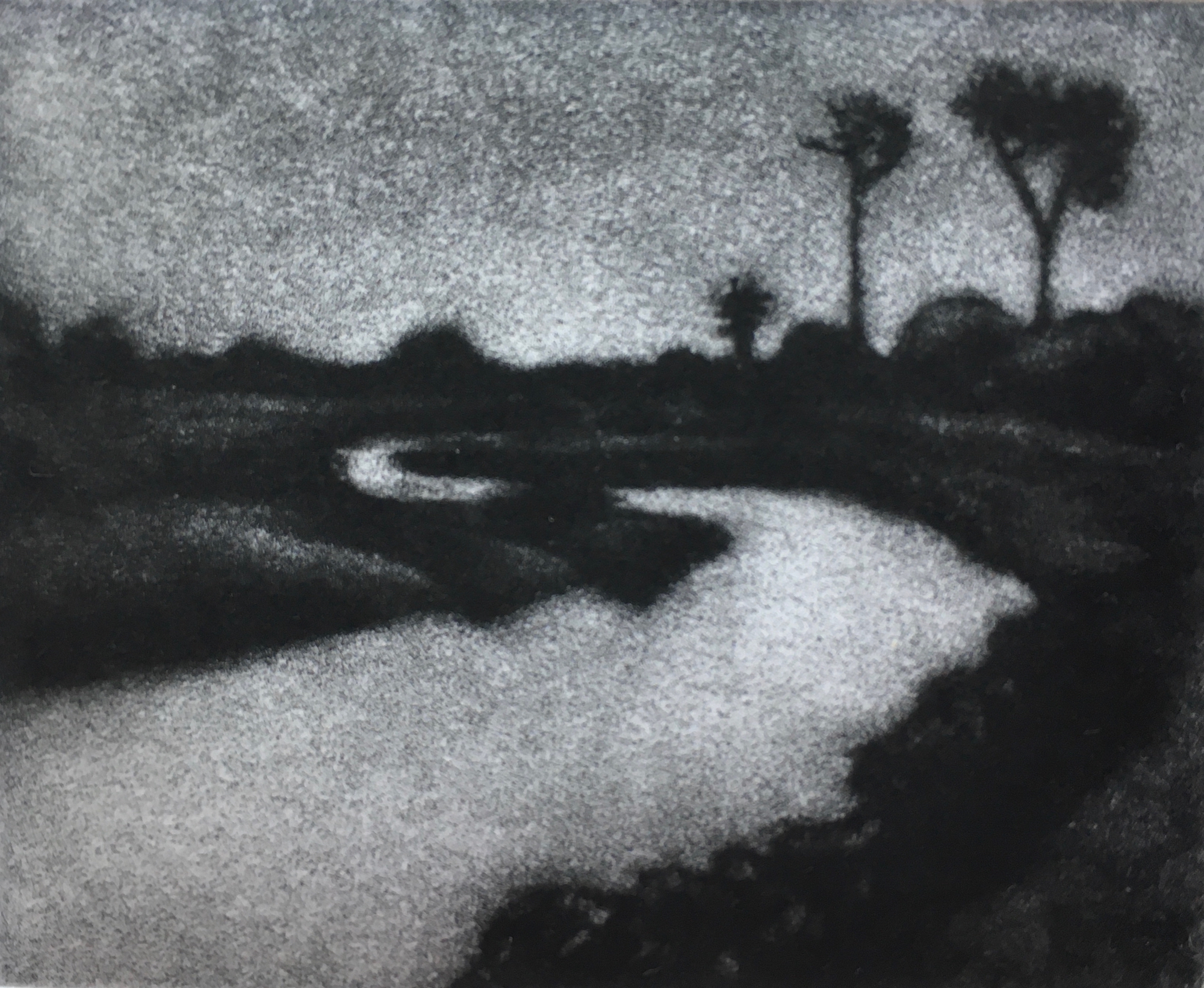 ‘Waihopai’ Mezzotint Image Size: 50 x 60mm Paper Size: 150 x 165mm Edition of 20 Kyla Cresswell, 2021