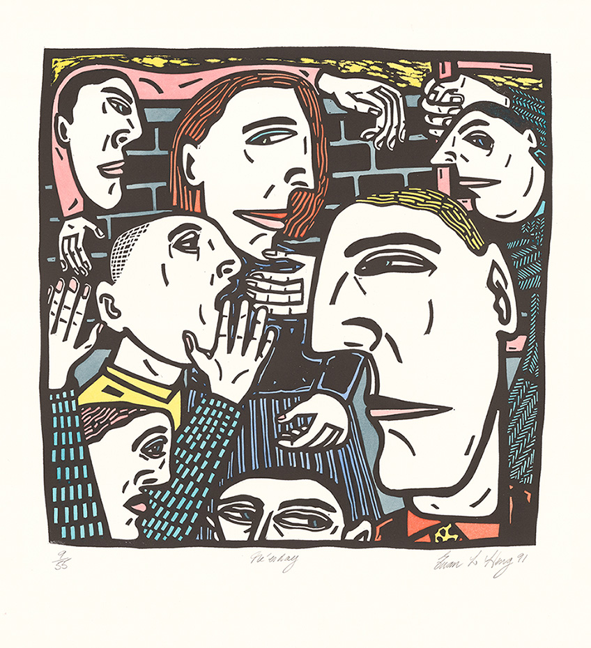 Euan Heng, Ne'erday, handcoloured linocut, 38x40cm, edn. 9 of 55.