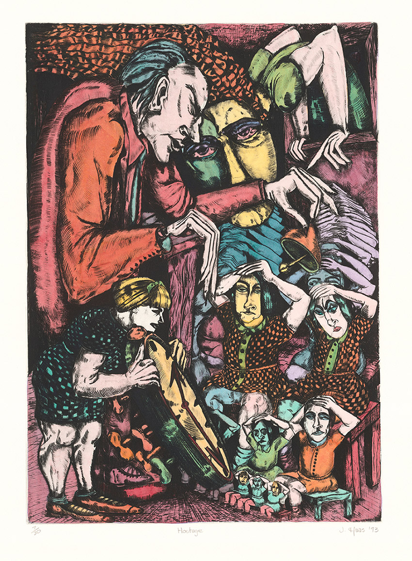 Juli Haas, Hostage, 1993, handcoloured drypoint, 51x37cm, edn 7of30.