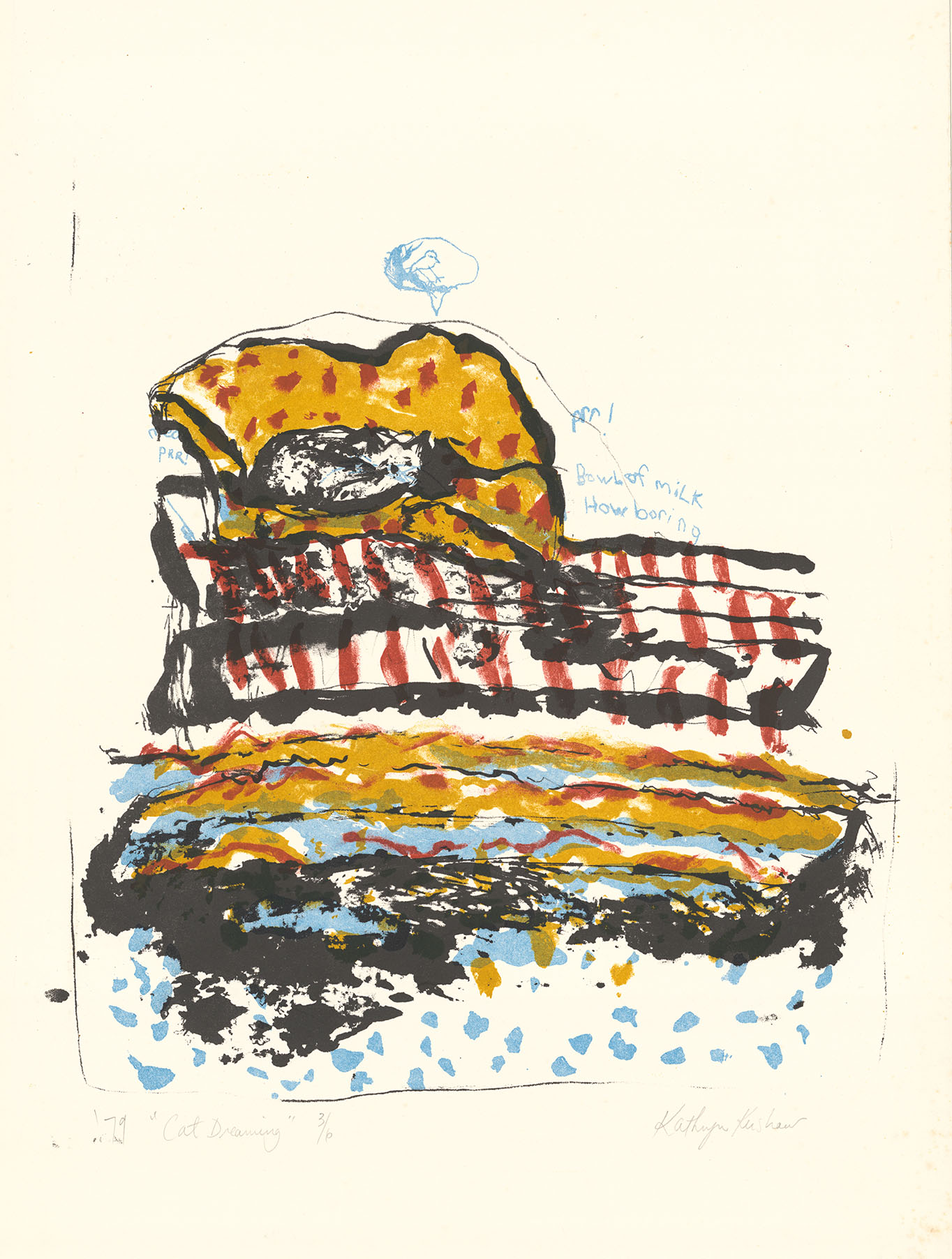 Kat Kershaw, Cat Dreaming, 1979, silkscreen print, 43x43, edn. 3 of 10.