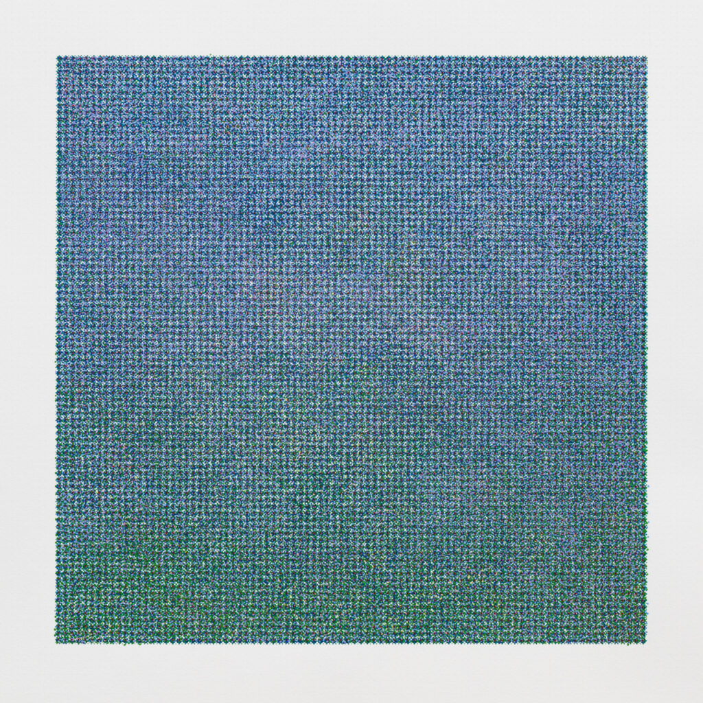 Alethea Richter
Diffusion (State 1)
Silkscreen
Edition of 30
Image Size: 41.2 cm x 41.2 cm
Paper Size: 55cm x 55cm
My printed works consider the unstable nature of attention and distraction in the contemporary digital experience. Through the visual language of the geometric pixel grid, colour theory and optical movement are explored on the printed surface. The work Diffusion (State 1) is a twelve layer silkscreen that engages mechanical and hand generated marks to move between multiple states of order and disruption.  The image surface expands and contracts under scrutiny, its colour and form shifting in and out of alignment like lost signals, corrupted images, or incomplete thoughts.
 