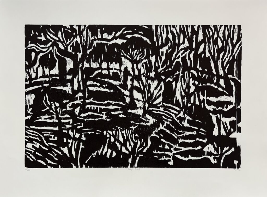 Robert Mihajlovski
Deep Rock
Woodcut
Edition size: 30
Image size: 40 x 61 cm
Paper size: 56 x 76 cm
My artwork Deep Rock was primarily created on the banks of Yarra River, near of Dights Falls in Abbotsford. Once, Wurundjeri people lived there and it is a picturesque place full of serenity and silent poetry. The landscape is more relied on imagination, composition, and atmosphere than on strict observance of nature.


 