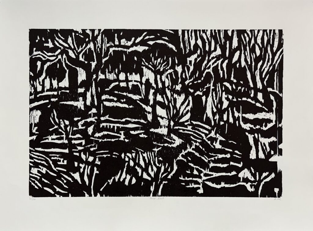 Robert Mihajlovski
Deep Rock
Woodcut
Edition size: 30
Image size: 40 x 61 cm
Paper size: 56 x 76 cm
My artwork Deep Rock was primarily created on the banks of Yarra River, near of Dights Falls in Abbotsford. Once, Wurundjeri people lived there and it is a picturesque place full of serenity and silent poetry. The landscape is more relied on imagination, composition, and atmosphere than on strict observance of nature.


 