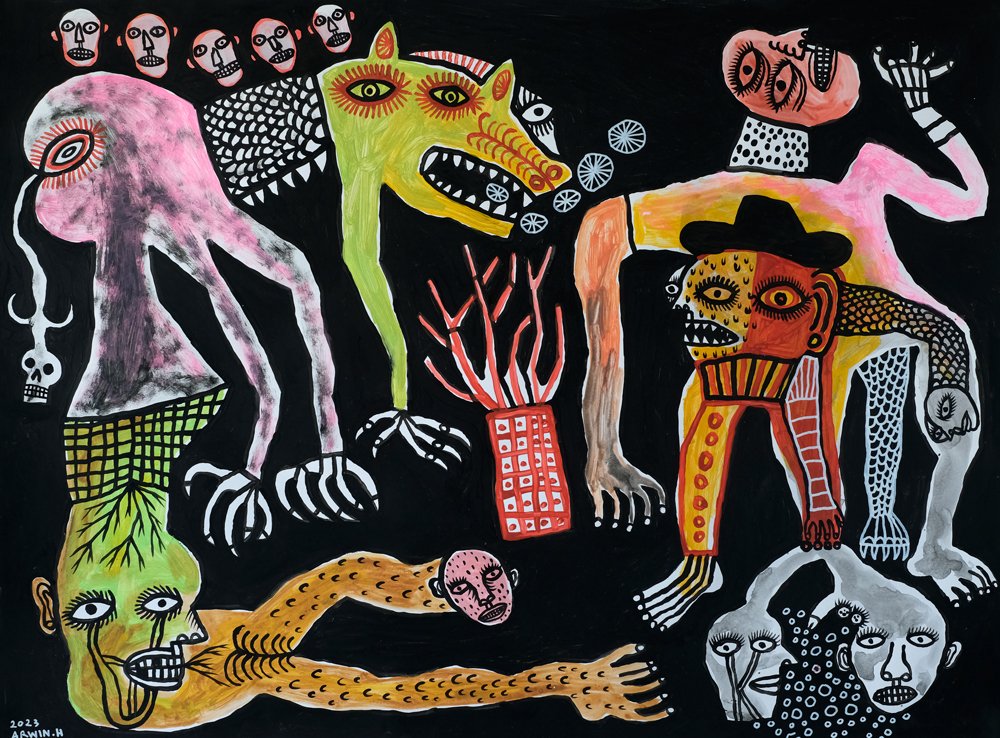 Arwin Hidayat, 'Kumpulan roh jahat (group of evil spirits), 2023. Acrylic and marker on paper, 80 x 110cm. Courtesy 16albermale