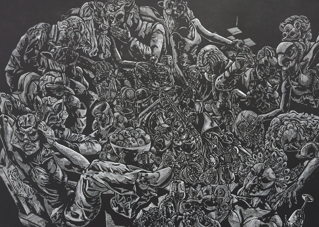 James Farrar, Feast of Illusions, linoprint, 79.5x112.5cm, 2025
