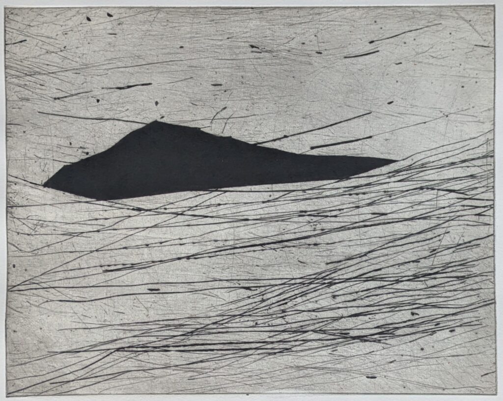 August Carpenter
for fear of floating
Drypoint 
Edition of 30 
Image size: 29.5 x 37cm 
Paper size: 50.5 x 56.5cm 
 
for fear of floating addresses the uneasy tension between continually moving and the moment we decide when to stop. Scratched lines are dragged across the copper plate, frantic in appearance like panic made visible. The dark form suggests a landscape that exists only in the wildest chaos, and always, just ever so slightly, out of reach.
 
Current financial PCA Members can purchase prints at the special rate of $290 per print, or $530 for 2 prints.
To claim the discount for 2 prints, at the checkout enter the Coupon Code: MEMBER2025